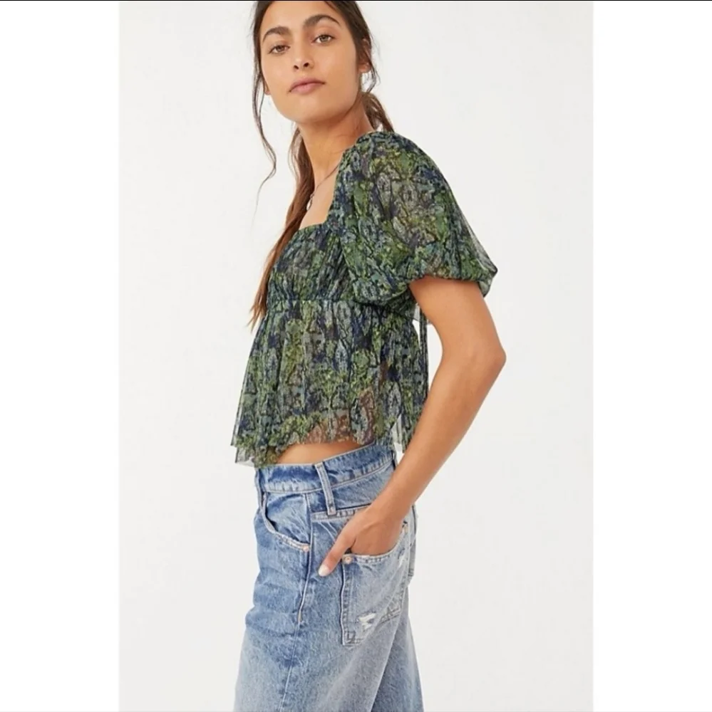 Free People Green Navy Floral Puff Sleeve Peplum Blouse